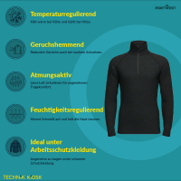 Portwest Shirt aus Merinowolle B184 mit 1/4 Reißverschluss Schwarz XL