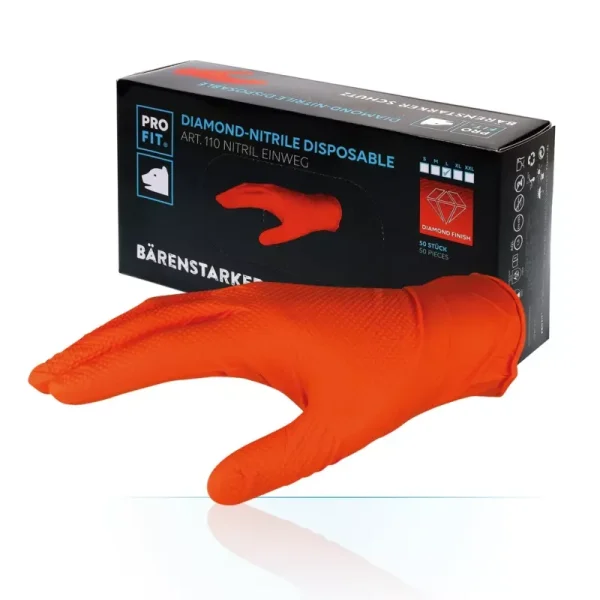 Nitril Einweghandschuhe, latexfrei, ungepudert, 24 cm Schaftlänge, Diamant-Griffstruktur, 50 Stk./Box, EN ISO 374-1/-5, lebensmittelecht, PSA Kat. III