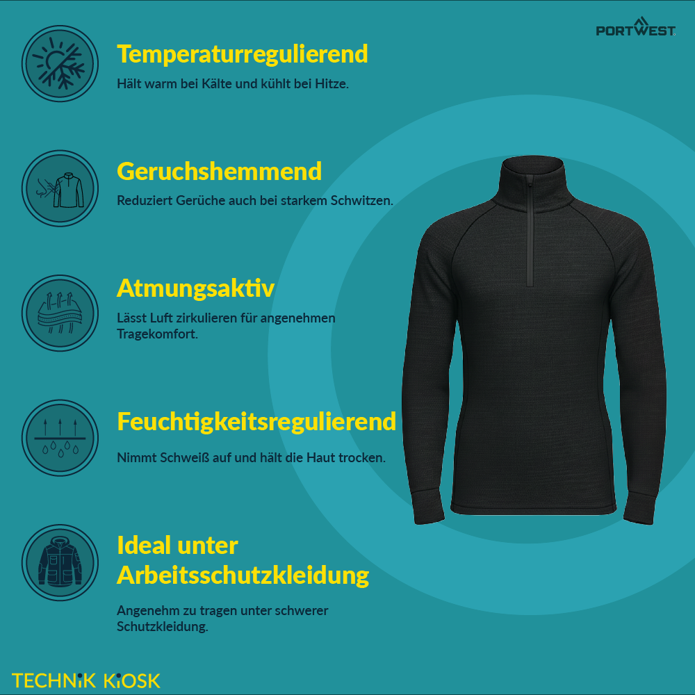 Portwest Merinowolle Shirt B184 Schwarz 1/4 Reißverschluss